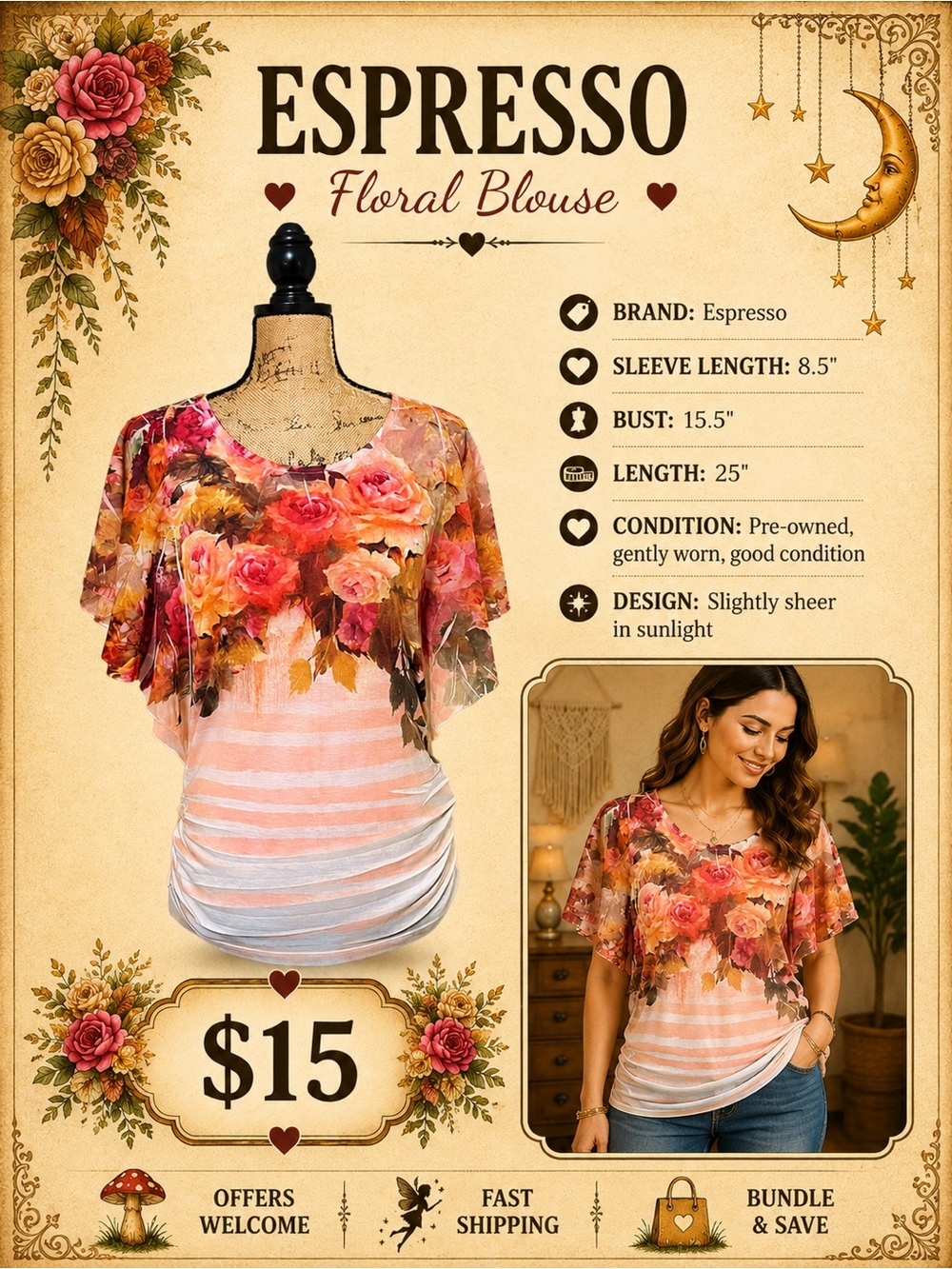 Espresso Boho Floral Blouse Multicolor Size S